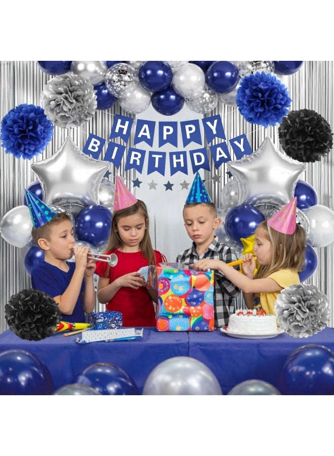 Mordely Blue & Silver Party Decorations - Boys' Birthday Banner, Balloons, Pom Poms, Fringe Curtain - Image 2